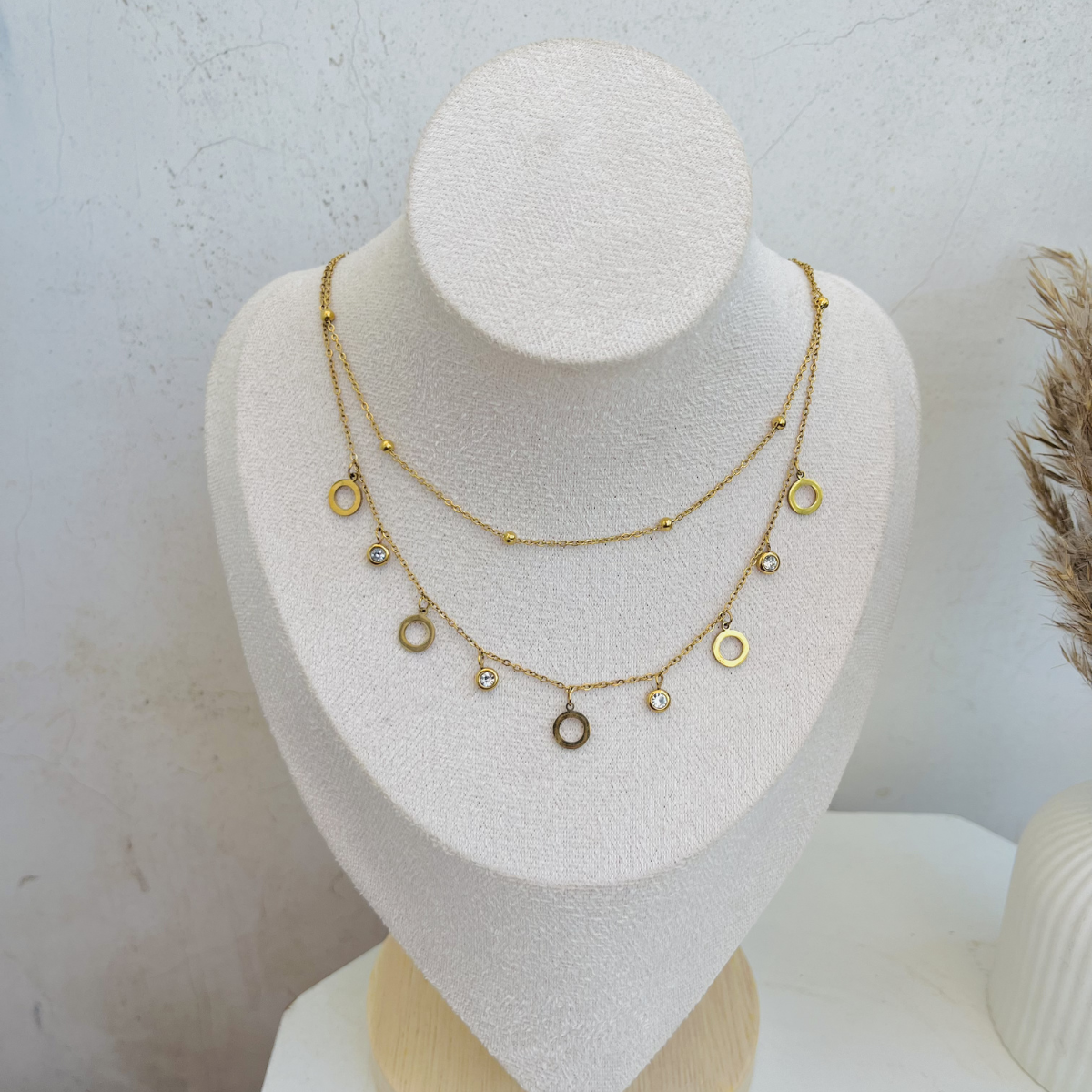 Anti Tarnish Double Circle Stone Necklace