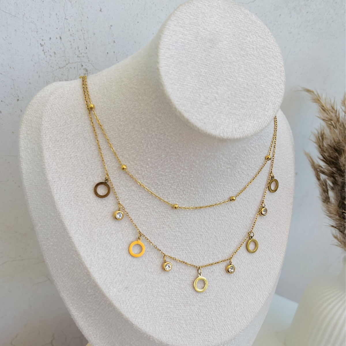 Anti Tarnish Double Circle Stone Necklace