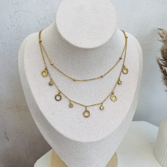 Anti Tarnish Double Circle Stone Necklace