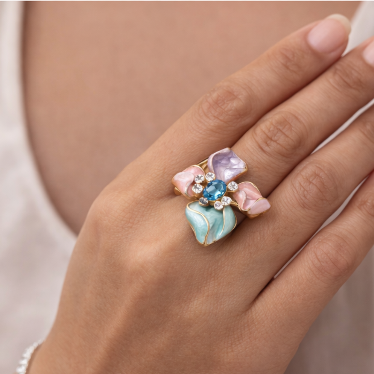 Aqua Petal Statement Ring